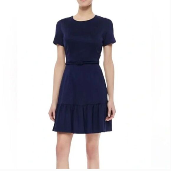 Shoshanna Ink Blue Ruffle Drop Hem Dress Belted 12 - Picture 1 of 6